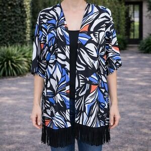 NY Collection Abstract Floral Print Kimono Fringe Black Blue One Size